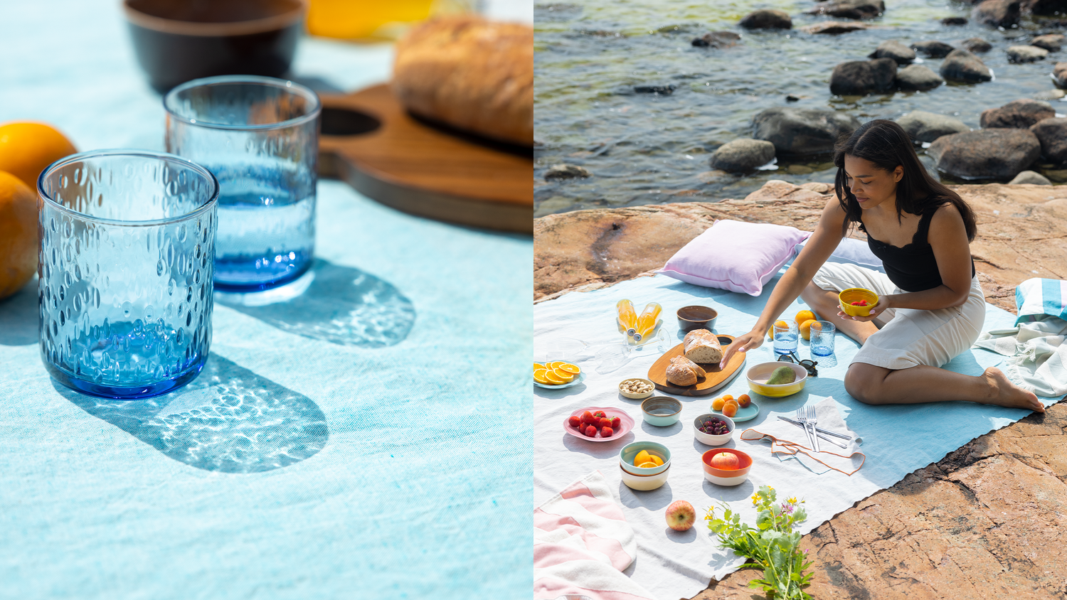 Two images side-to-side: close-up of blue Koski-tumblers on a light blue linen tablecloth and a young woman sitting on a beach rocks aside of colorful and playful picnic setting holding a yellow Tuntu-bowl.