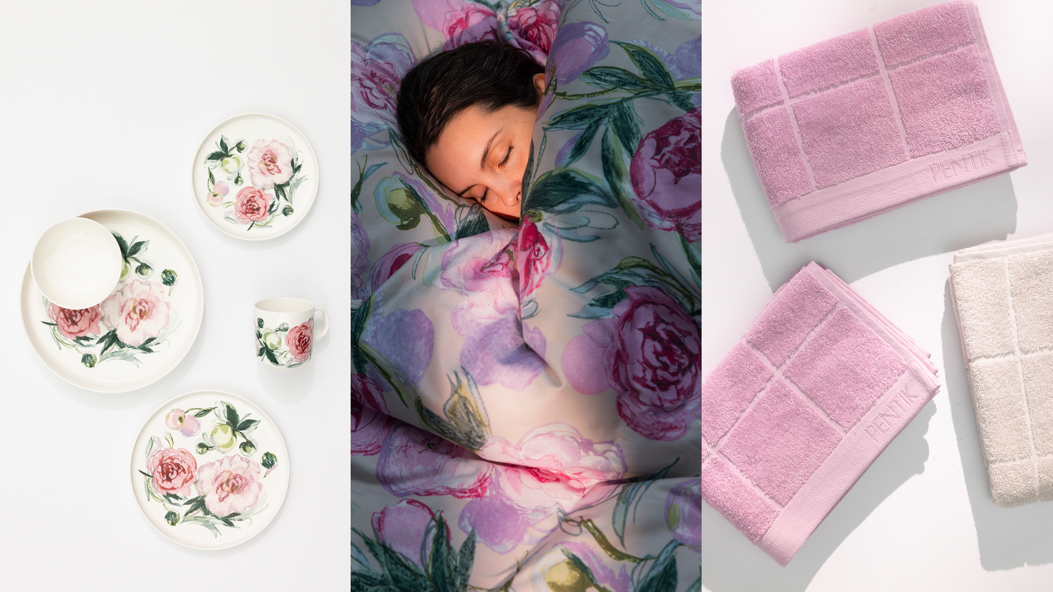 Three images side-to-side: ceramic tableware from Bella collection, pink bed sheets with Bella pattern and pink and beige Ruutu towels. 